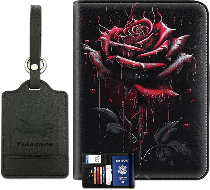 Passport Wallet, Passport Holder with RFID Blocking and Luggage Tag, Waterproof PU Leather Travel Documents Organizer Case, Passport Covers with Card Slot for Women & Men, Blood Rose Passport Book