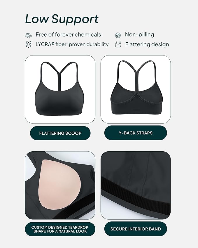 PAVOI ACTIVE Yoga Racerback Bras for Women - Buttery Soft Low Support Scoop Neck Y-Back Thin Strap Sports Bra - FlexFlow