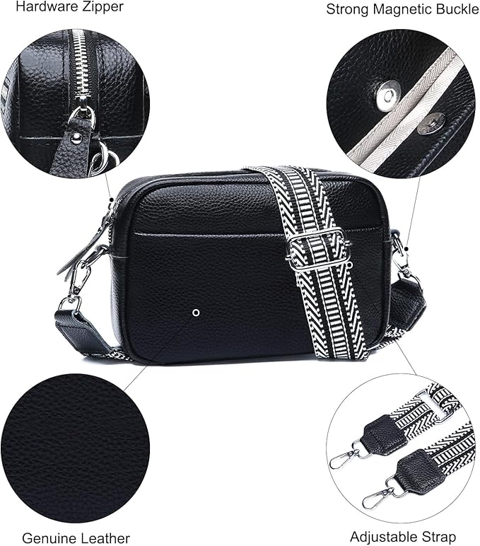 Small Crossbody Bags for Women Genuine Leather, Guitar Strap Shoulder Handbag Purse Camera Bag with Rfid Card Slots, Black