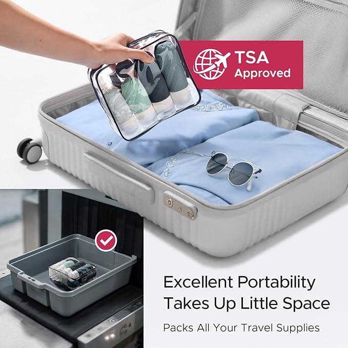 23 Pack TSA Approved Travel Bottles for Toiletries, Leak Proof Refillable Travel Size Containers Kit with Silicone Squeezable Bottles Jars for Shampoo Lotion Conditioner, in Clear Bag, Gray