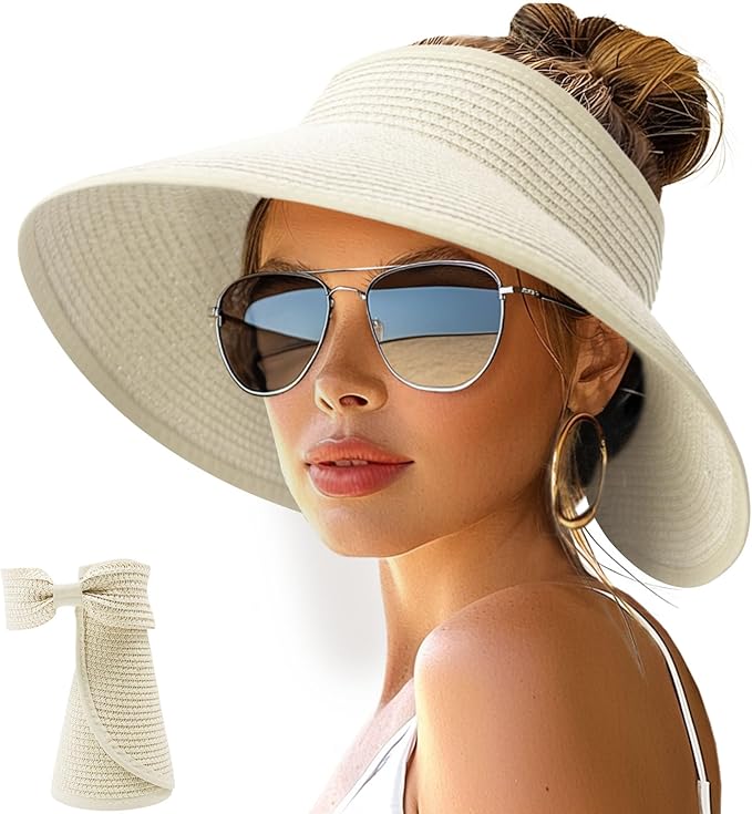 NPJY Sun Hats for Women Wide Brim Roll-Up Beach Ponytail Hat Packable Foldable Travel Straw Visor