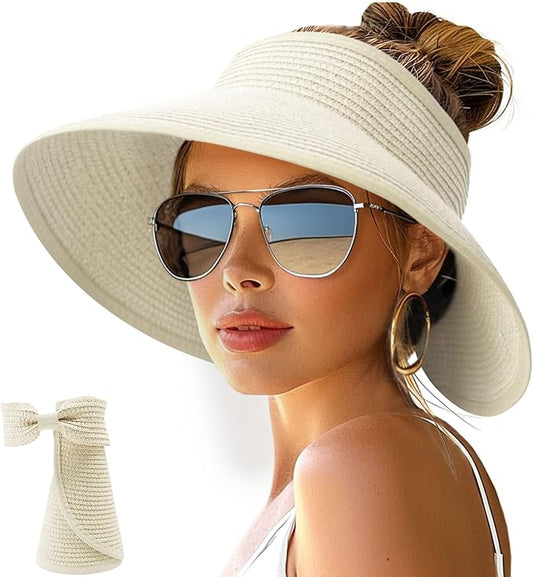 NPJY Sun Hats for Women Wide Brim Roll-Up Beach Ponytail Hat Packable Foldable Travel Straw Visor