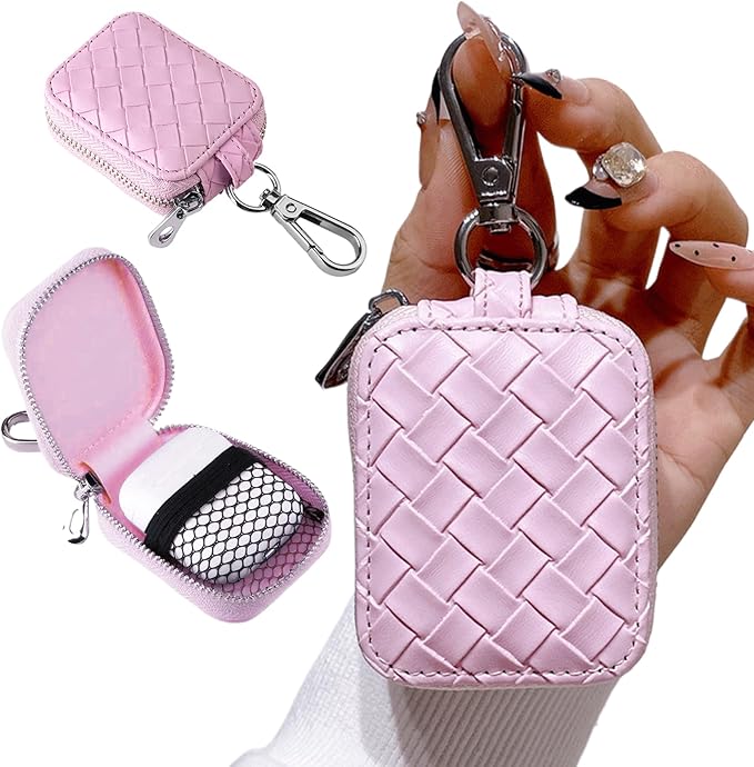 Earbud Case, Headphone Storage Case for AirPods 4/1/2/3/Pro 2, Leather Plaid Zipper Carrying Pouch Earbuds Bag with Keychain for Wireless Earphones, Wired Headphone & USB Cable Lattice Pink