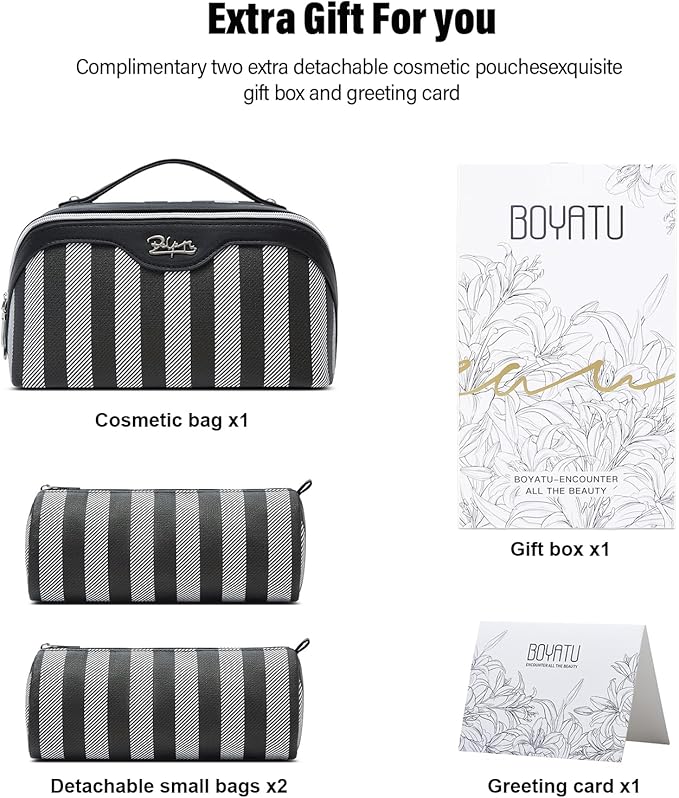 BOYATU Travel Makeup Bag Cosmetic Bag for Women: 3 Pcs Set Striped Make up Bag with Compartments - Waterproof Vegan Leather Toiletry Bag with Handle - Makeup Organizer for Travel Essentials(A-4-Black)