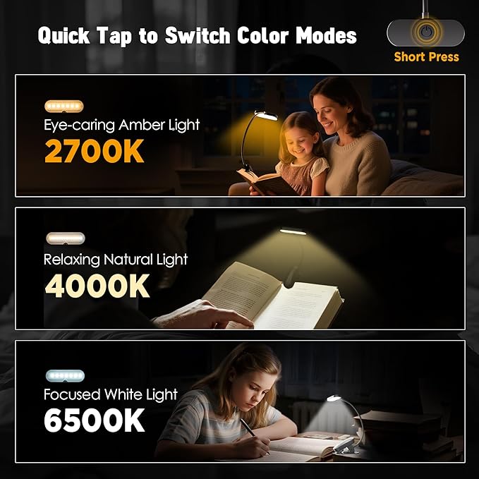 Book Light for Reading in Bed - 14 LEDs Rechargeable Clip-On Book Light, Eye Caring 3 Color Temperatures & Stepless Dimming, 80 Hrs Runtime Lightweight Book Reading Light for Book Lovers (Black)