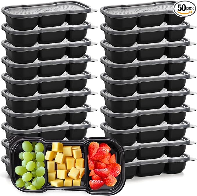 Hiceeden 50 Pack 16 Oz Small Meal Prep Containers with 3 Compartments, Disposable Plastic Bento Snack Boxes with Lid, Stackable Food Containers Reusable Travel Lunch Boxes for Office, School, Black