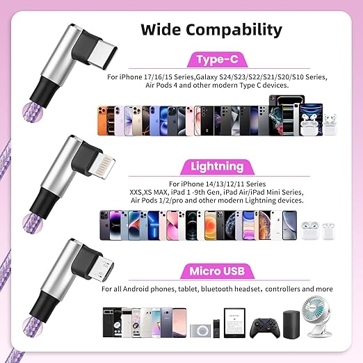 90 Degree 3-in-1 Multi Charging Cable 2Pack 5FT - Right Angle USB C to Type C/IP/Micro USB, Gamer & Travel Essential for iPhone 17-12, Galaxy, Huawei, iPad and More