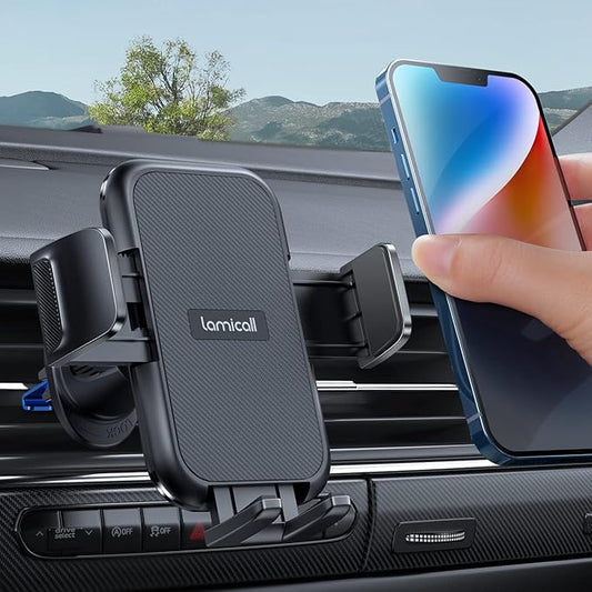 Lamicall 2026 Wider Clamp & Metal Hook Car Phone Holder Vent [Thick Cases Friendly] Phone Holders for Your Car Camera Mounts Automobile Hands Free Cradle Air Vent for iPhone 17 16 15 Pro Max Dark Grey