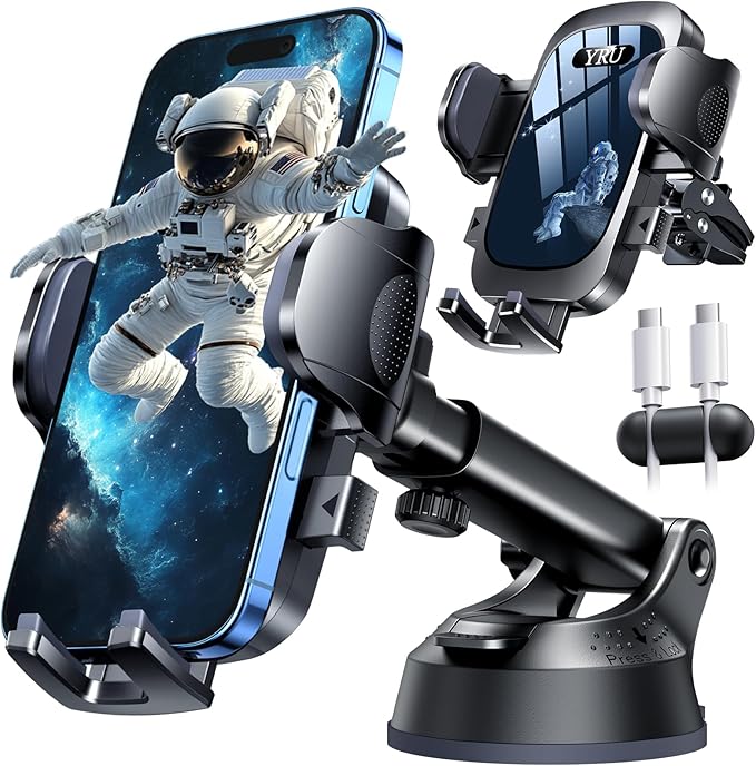 YRU [True Upgrade for Safety Car Phone Holder Mount [Patent & Military-Grade] Dashboard Cell Phone Holder for Car Vent Windshield Phone Stand for iPhone 17 16 15 14 Pro Max Truck Samsung, Black Blue