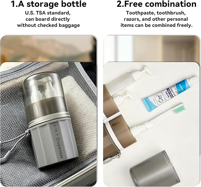 4 in 1 Travel Dispenser，Unbreakable Silicone Travel Dispenser Bottle, Vacuum Suction Wall Mounted Refillable Containers,Leakproof Toiletry Containers for Shampoo, Lotion, Baby Care-Grey.