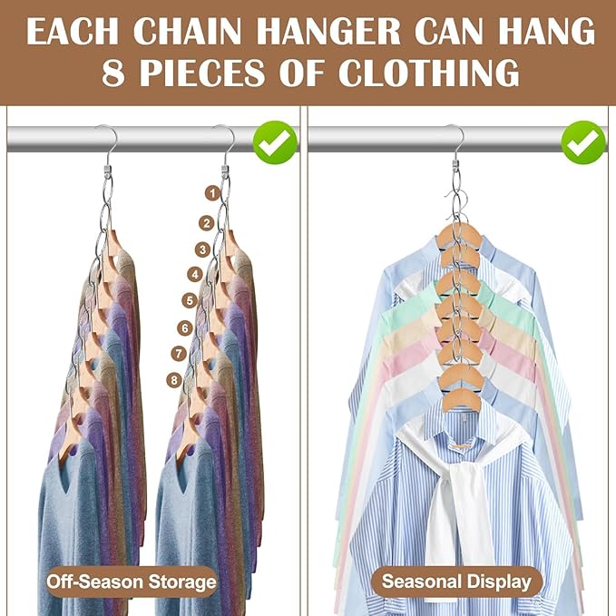 80 Holes Clothing Chain Hangers, 10-Pack Metal Space Saving Hangers, 360 Degree Rotatable Hook for Easy Display and Access, Closet Organizers for Home, Travel, College Dorm Room