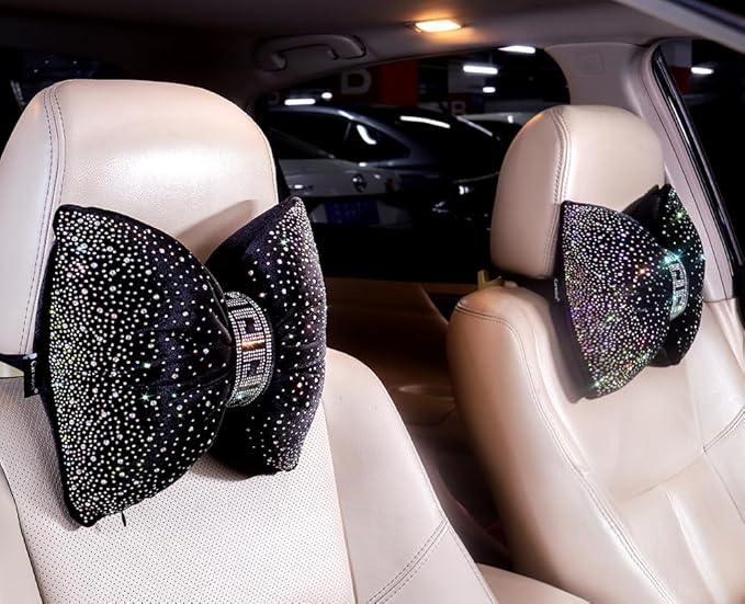 Carwales Bow Neck Support Pillow for Driving Seat Travel Head Rest Sparkly Bling Car Accessories Sparkly Rhinestone Headrest Black 2pcs for Women Men