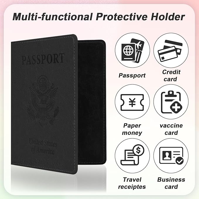 Black and Rose Gold Passport Holder, 2 PCS Passport Holder for Travel, Travel Passport Holders Must Haves for Women Men, Passport Cover Passport Wallet Case Holders for Travels Cruise Ship Essentials