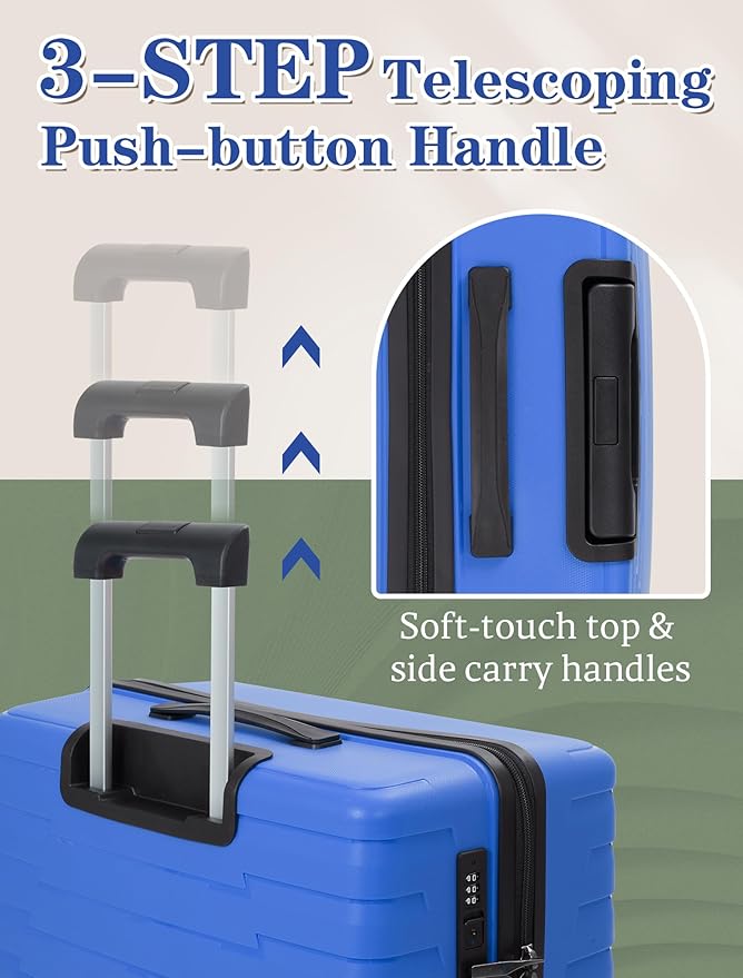 Cosbarn Luggage Sets 5 Piece, Suitcases with Wheels, PP Hard Case Luggage with Upgraded Shock-absorbing Spinner Wheel&TSA Lock, Carry On Luggage Set (IceBlue, 5 Piece Sets (20/24/28/DB/TB))
