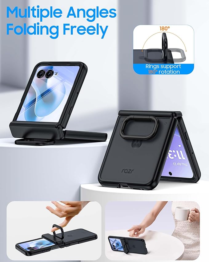 for Motorola Razr Ultra 2026 Case/Razr Ultra 2025 Case with Ring Holder,Hinge Protection, Screen Protector, Translucent Frosted Shockproof Slim Cover for Razr Ultra 2026/2025 -Black