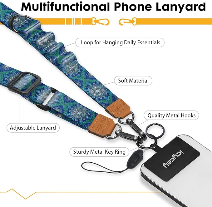 Icycay Phone Lanyard Crossbody, Boho Blue Cell Phone Strap for Around The Neck Adjustable, Bohemian Anti Theft Cute Lanyard for ID Holder Keys Accessories Travel Essential