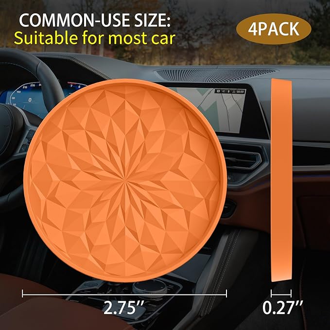 ME.FAN Car Coasters for Cup Holders [4 Pack] - 2.75In Silicone Auto Mug Mats - Universal Non-Slip Recessed Car Interior AccessoriesOrange