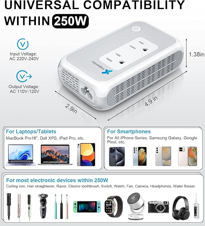 Voltage Converter US to Europe for Curling Iron and Hair Straighteners, 220V to 110V Converter for European Travel Plug Adapter with 2 USB A & 2 USB C Ports (White)