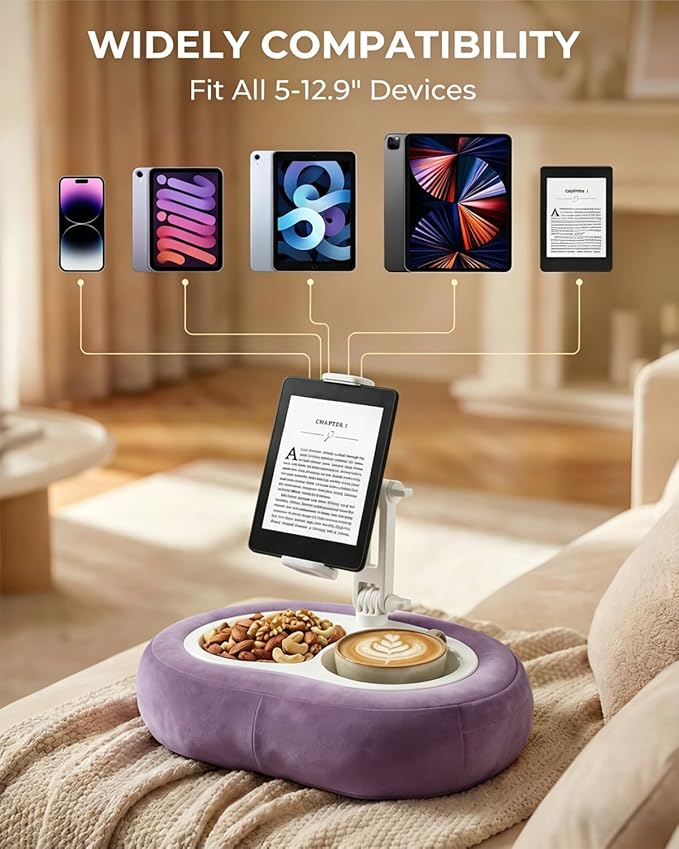 Miledi Tablet Pillow Stand, Compatible with 5"-12.9" Kindle, iPad, Phone/Tablet, 360° Rotating Phone Holder for Bed, Soft Plush Fabric, Detachable Bowl, Reading and Relaxation on Bed, Purple