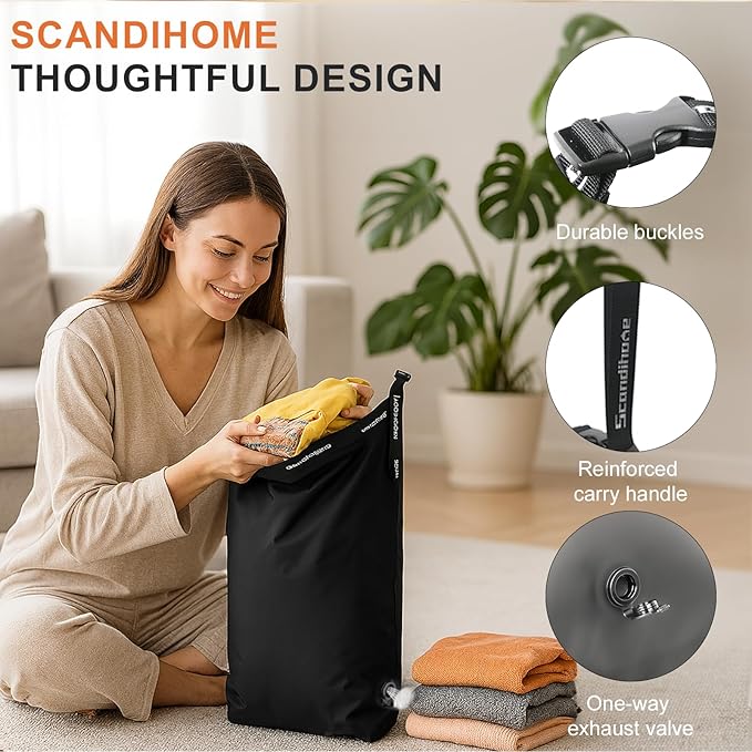Travel Laundry Bag, Pump Free Vacuum Compression Dirty Clothes Bag Reusable Wet Dry Bags Large Capacity Space Saver Bags Camp Washable Clothes Organizer for Sports Dorm Laundromat (1 Pcs) (Black, M)