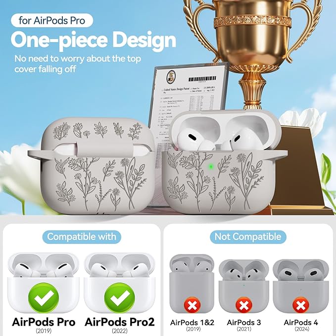 Flower Engraved Case for Apple AirPods Pro 2 Gen with Clean Kit,Soft Silicone Protective Case Cover for AirPod Pro 2nd/1st Generation Keychain,Lanyard,3 Pair Ear Tips,Front LED Visible,White