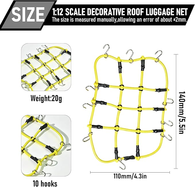 1/12 Elastic Luggage Net with Hooks, RC Scale Decoration Roof Luggage Net for for MN90 MN90K MN99 MN99S MN86K MN86KS MN86 MN86S 1/12 Series Crawler Truck Buggy (Yellow)