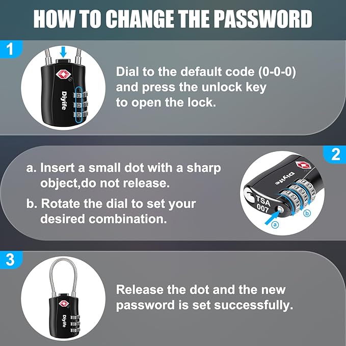 Diyife TSA Approved Luggage Locks, [2 Pack] 3-Digit Combination Security Flexible Cable Travel Lock, Resettable Code Lock with Zinc Alloy Body for Suitcases Travel Backpack Bag Case (Black)