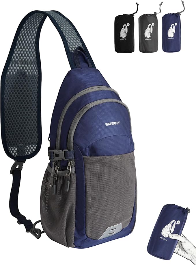 WATERFLY Packable Crossbody Sling Bag: Small Lightweight Travel RFID Blocking Sling Daypack with Water Bottle Holder - Shoulder Chest Bag Backpack for Women Men Hiking Traveling Theme Parks