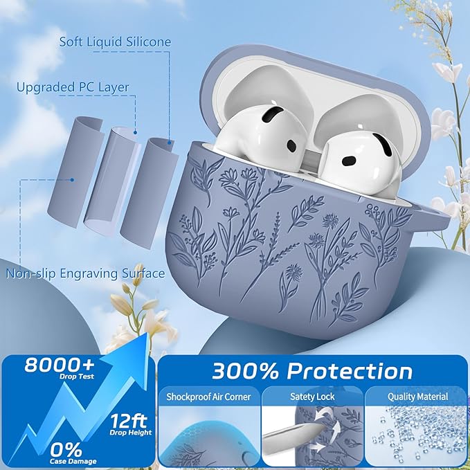 for Airpods 4 Case, Ekoonpft Flower Engraved Cases for Apple AirPods 4th Generation 2024, Soft Silicone Cover for Women Girly with 3-in-1 Cleaner Kit, Keychain, Military Grade Protection