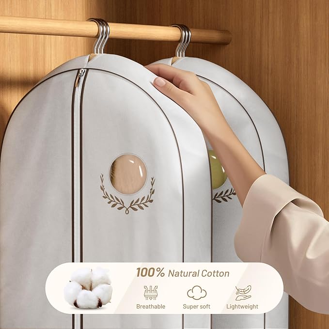 MISSLO 60" Cotton Garment Bag for Long Dress Breathable Fur Coat Storage Bag Women Dress Cover Luxury Garment Bags for Hanging Clothes Travel for Fur Coat, Jacket, Gown, Suit