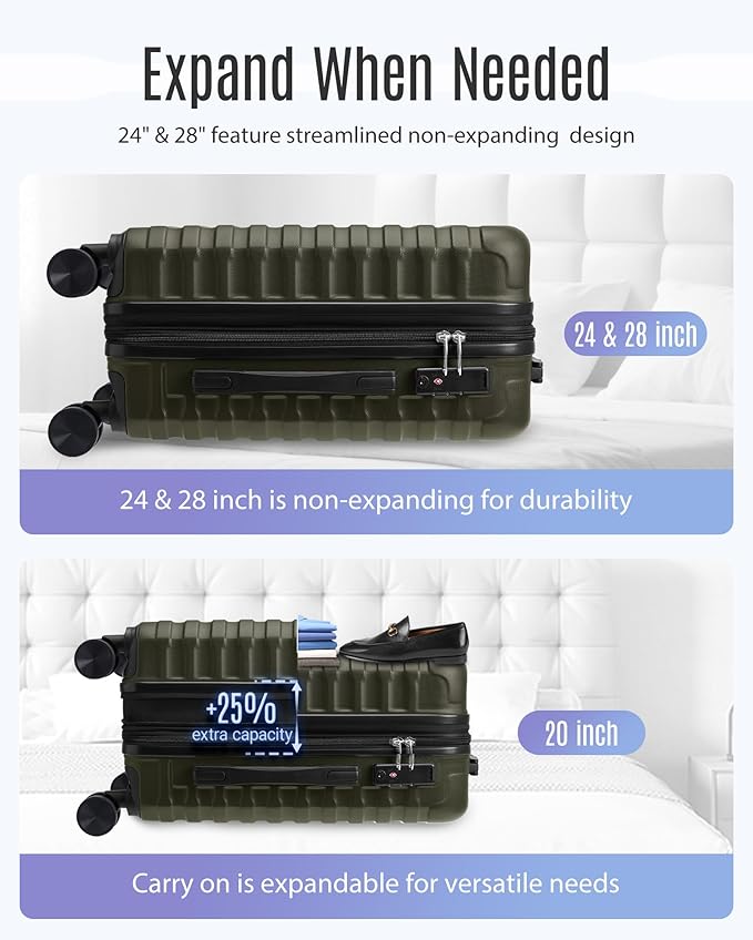 LIGHT FLIGHT Luggage Sets, 3 Piece Durable Suitcase Set with Spinner Wheels, 3 Pcs Hardside Lightweight luggage with TSA Lock, Large Checked Travel Suitcases, 20/24/28 Inch, Pine Green
