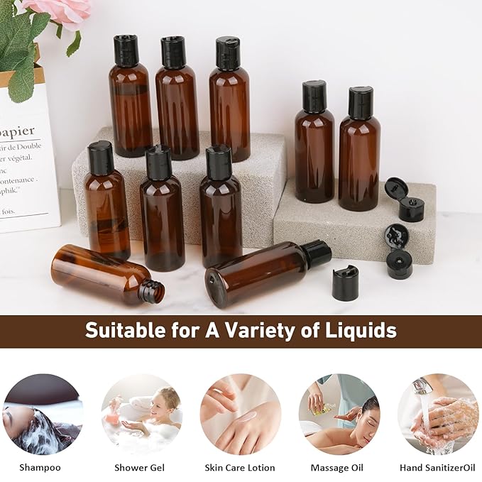 10 Pack 3.4 oz Travel Bottles for Toiletries TSA Approved Leak Proof Travel Size Containers Plastic Empty Shampoo Bottles with Labels Squeeze Bottle Toiletry Accessories(Brown)