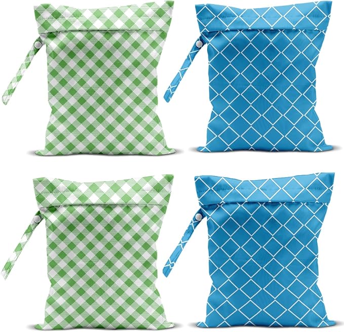 Wet Bag, 4Pcs Wet Dry Bag Set, Reusable Waterproof Bags with Blue Diamond Lattice & Green Gingham Prints for Women, Great for Beach Getaways & Pool Days