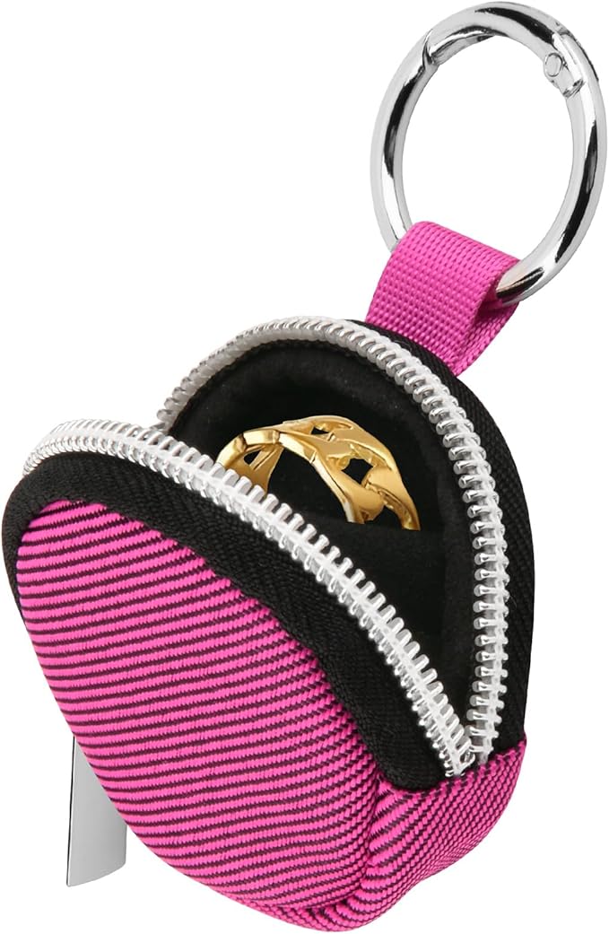 Homakover Portable Ring Organizer Case with Keychain, Traveling Ring Holder Storage Bag, Anti-Lost Keychain Container for Rings, Jewelry (1, Hot Pink)
