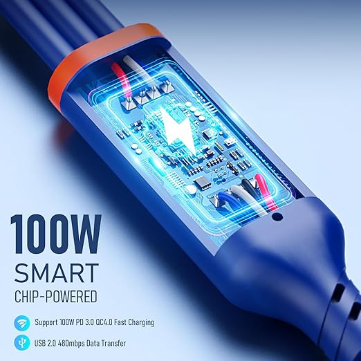 Travel Essentials 3 in 2 Multi Charging Cable 100W USB A/C to Dual USB C/for Apple Watch Charging Cable Silicone Fast Charge Compatible with iPhone 17-15 Series iPad MacBook, Type-C Devices 5FT-Blue