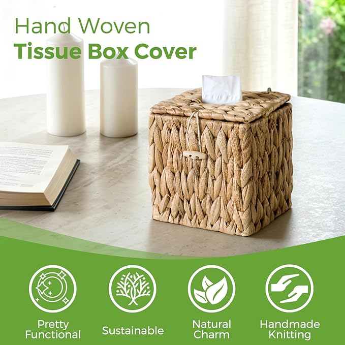 2 Pack Rattan Tissue Box Cover with Lid, Wicker Tissue Box Holder Square, Hand Woven Cube Tissue Box Cover Tissue Holder for Bathroom Living Room Kitchen Office, Natural