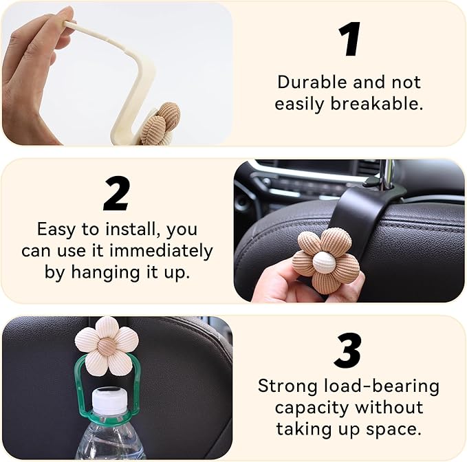 4PCS Car Headrest Hooks, Cute Flower Car Seat Organizer Hooks, Portable Seatback Organizer Hanger for Purses and Bags, Universal Automotive Accessories for SUV, Sedan, Truck (Beige/White)