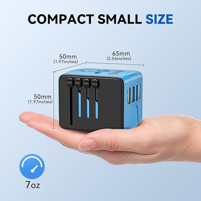 Unidapt Universal Travel Adapter, International Plug Adapter Fast 2,4A 4-USB European Power Plug, AC Wall Charger - Worldwide Outlet for Europe US USA UK EU AUS, Blue
