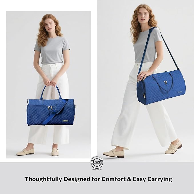 STOVER Women’s Convertible Garment Duffel Bag for Travel – 2-in-1 Carry-On Weekender/Overnight Tote - Wrinkle-Free Dresses, Suits & Clothes + Shoe Compartment & Bonus Toiletry Bag (Sapphire Blue)
