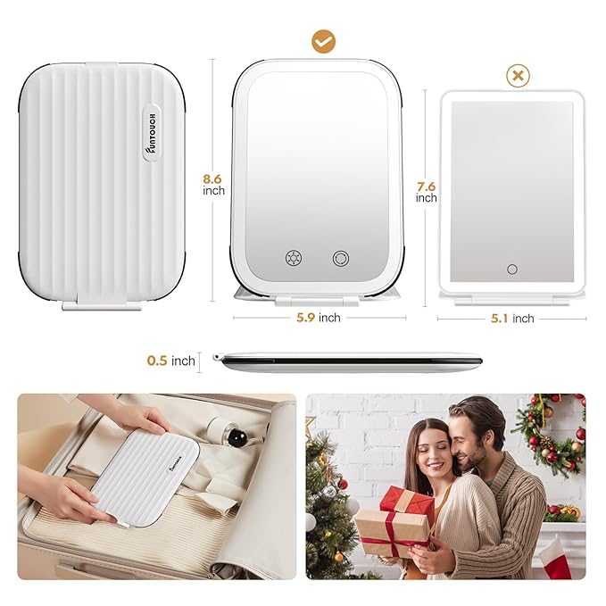 FUNTOUCH Rechargeable Travel Makeup Mirror with Lights, Light up Portable Vanity Mirror with 80 LEDs,2000mAh Battery,Brightness Adjustable,3 Lighting, Dimming Compact Mirror
