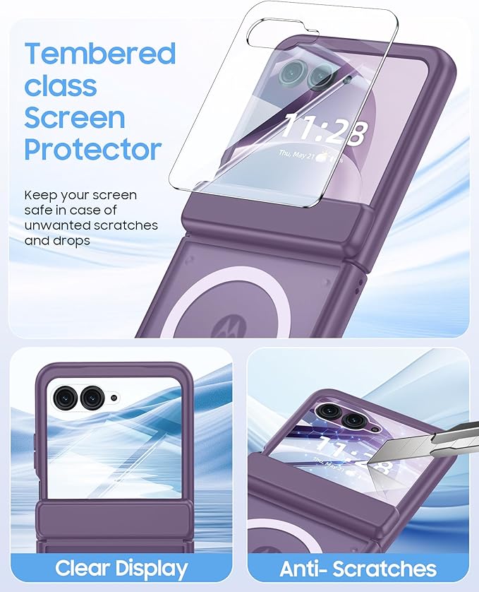Magnetic for Motorola Razr 2026 Case with Hinge Protection, Screen Protector, Compatible with MagSafe,Skin Feel Translucent Frosted, Shockproof Slim Cover for Moto Razr 2026-Purple