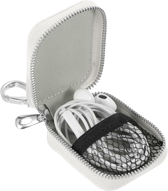 HARFINGTON Earbuds Cases, Earphone Case Holder, PU Leather Ear Buds Case Zipper Organizer Small with Mesh Pocket for USB Cable, Wireless Wired Earphones, White