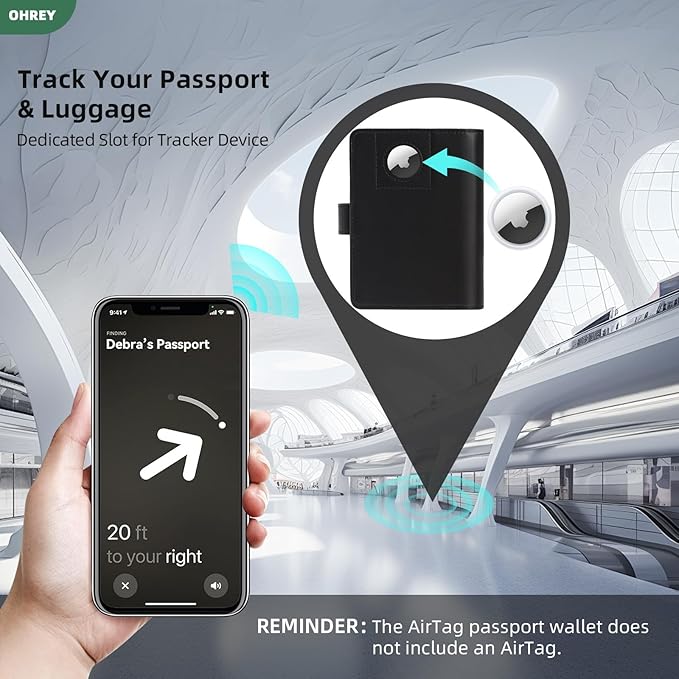 Passport Holder for Travel Family with Slot for Tracker Device & Luggage Tag Cover, – RFID Blocking Passport Wallet for Women & Men | PU Leather Passport Cover Case with Money Pocket – Black