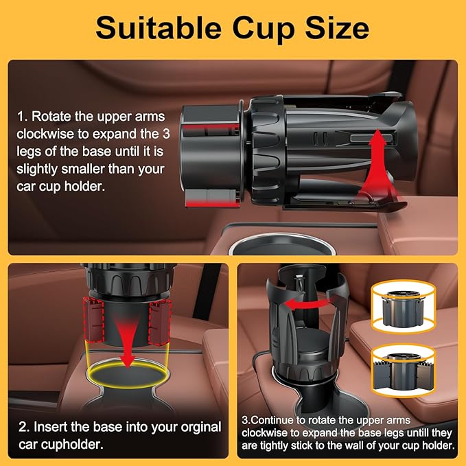 Cup Holder Expander (Adjustable Holder & Base, Auto-Fit Hold, One Button Open), Car Cup Holder Expander for Yeti, Hydro Flask, Nalgene, Owala, Bottles in 2.6"- 4.8" (Light Black, 2 Pack)