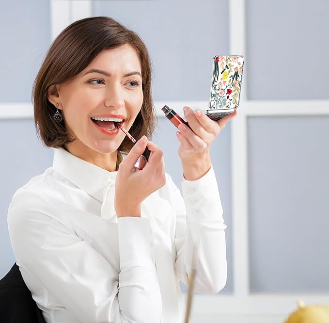 Pocket Mirror, Small Travel Mirror with Magnification, Portable Double-Sided Magnifying Cosmetic Mirror for Daily (White + Black Flowers)
