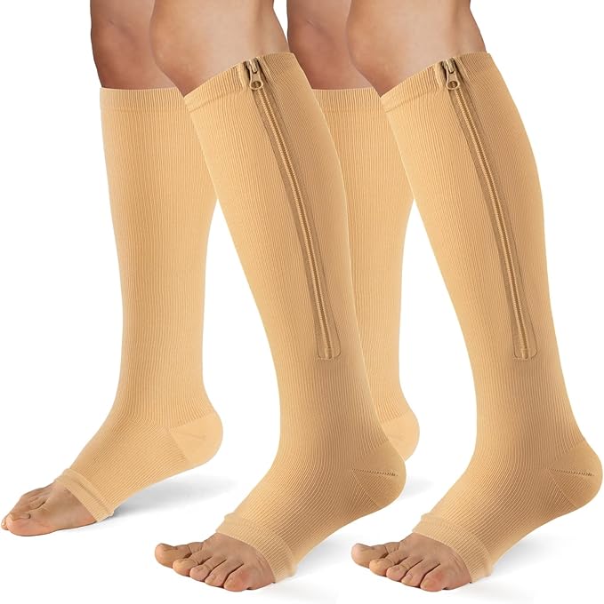 Zipper Compression Socks for Women & Men 2 Pairs，15-20mmhg Open Toe Compression Stockings for Nurse and Long Standing Crowd
