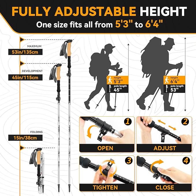 Collapsible Trekking Poles for Hiking - Lightweight Adjustable Aluminum Folding Hiking Poles, Cork Grip Walking Sticks for Seniors, Women & Men (2 Pack)