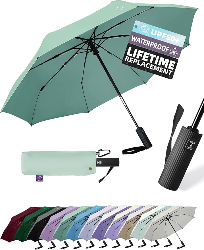 Windproof Travel Umbrella for Rain - 43" Compact Folding Umbrella, Reinforced Strong Frame, Lightweight Portable Parasol with UPF 100+ UV Sun Protection, Cruise Ship Essentials