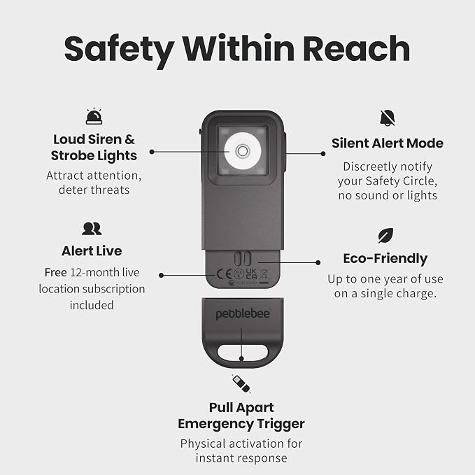 Pebblebee Halo Personal Safety Alarm | Loud Siren & Strobe Lights with Location Sharing, Rechargeable Safety Keychain Device with Flashlight | Works with Apple Find My & Google Find Hub