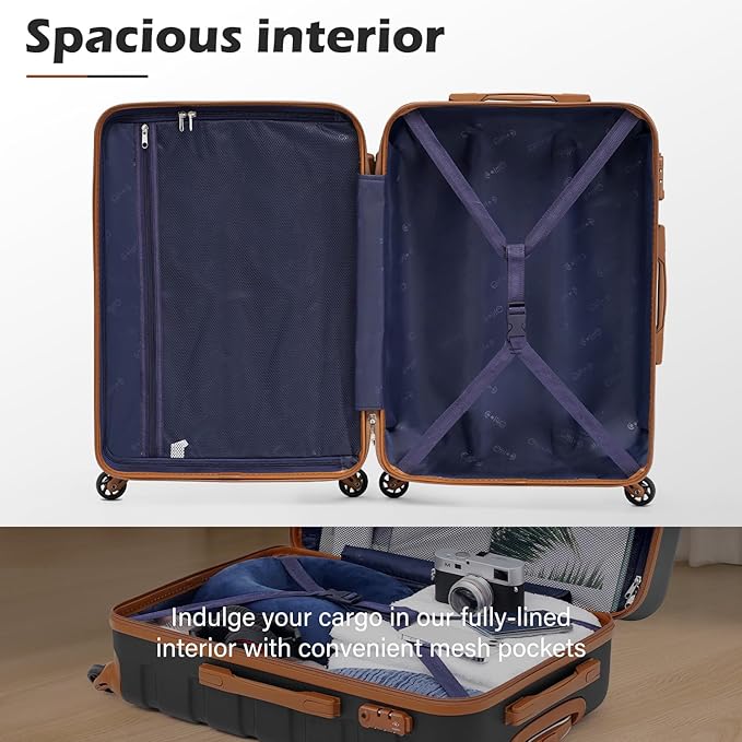 Coolife Luggage 3 Piece Set, Lightweight Durable Hardshell Suitcase set with 360° Spinner Wheels, TSA-approved Lock, Checked Family Travel Luggage sets, 16/20/24/28 Inch, Apricot Black